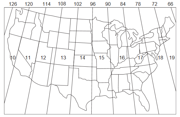 UTM zones of conterminous 48 United States. (Source: https://pubs.usgs.gov/fs/2001/0077/report.pdf)